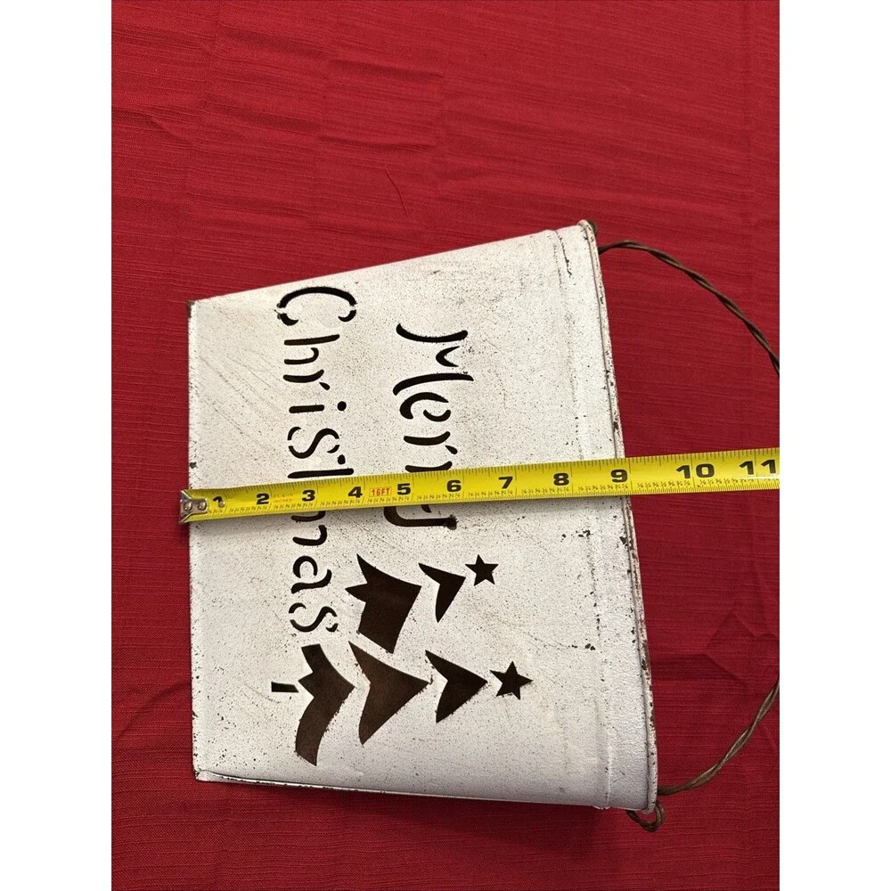 Metal White Wall Pocket Rustic Farmhouse Distressed Merry Christmas Trees cutout